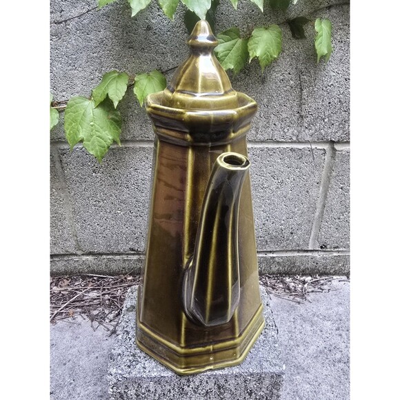 Vintage Georges Briard Pfaltzgraff Green Coffee Pot Carafe w/ Lid 13"x9"x6.5" - Picture 3 of 7
